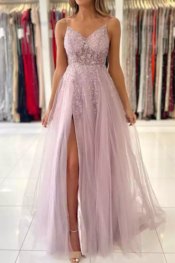 Exquisite chiffon A-line V-neck bead sleeveless and floor Prom Dresses