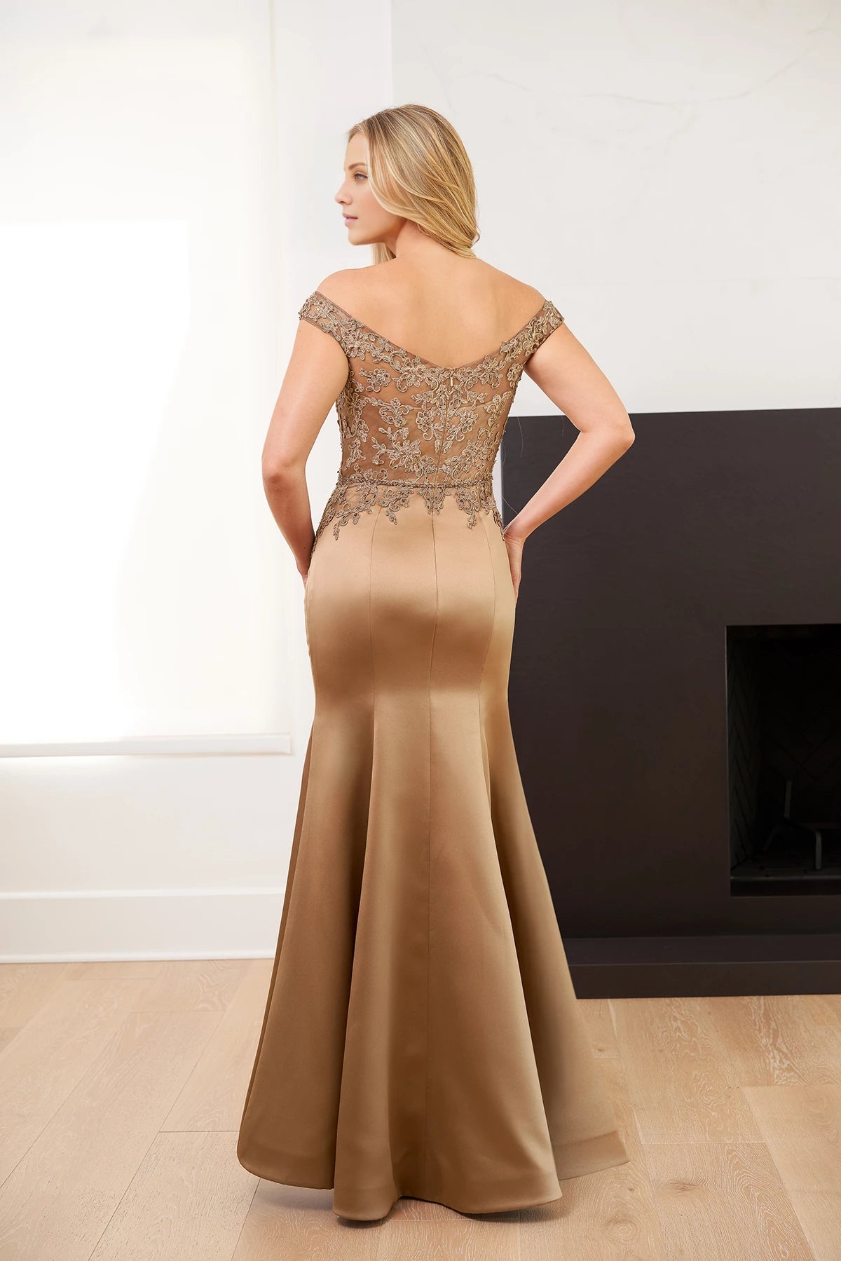 Fabulous Marquis Satin and Embroidered Lace Fit and Flare Gown with Portrait Neckline and Beaded Lace Appliquéd Bodice Mother of the Bride Dresses