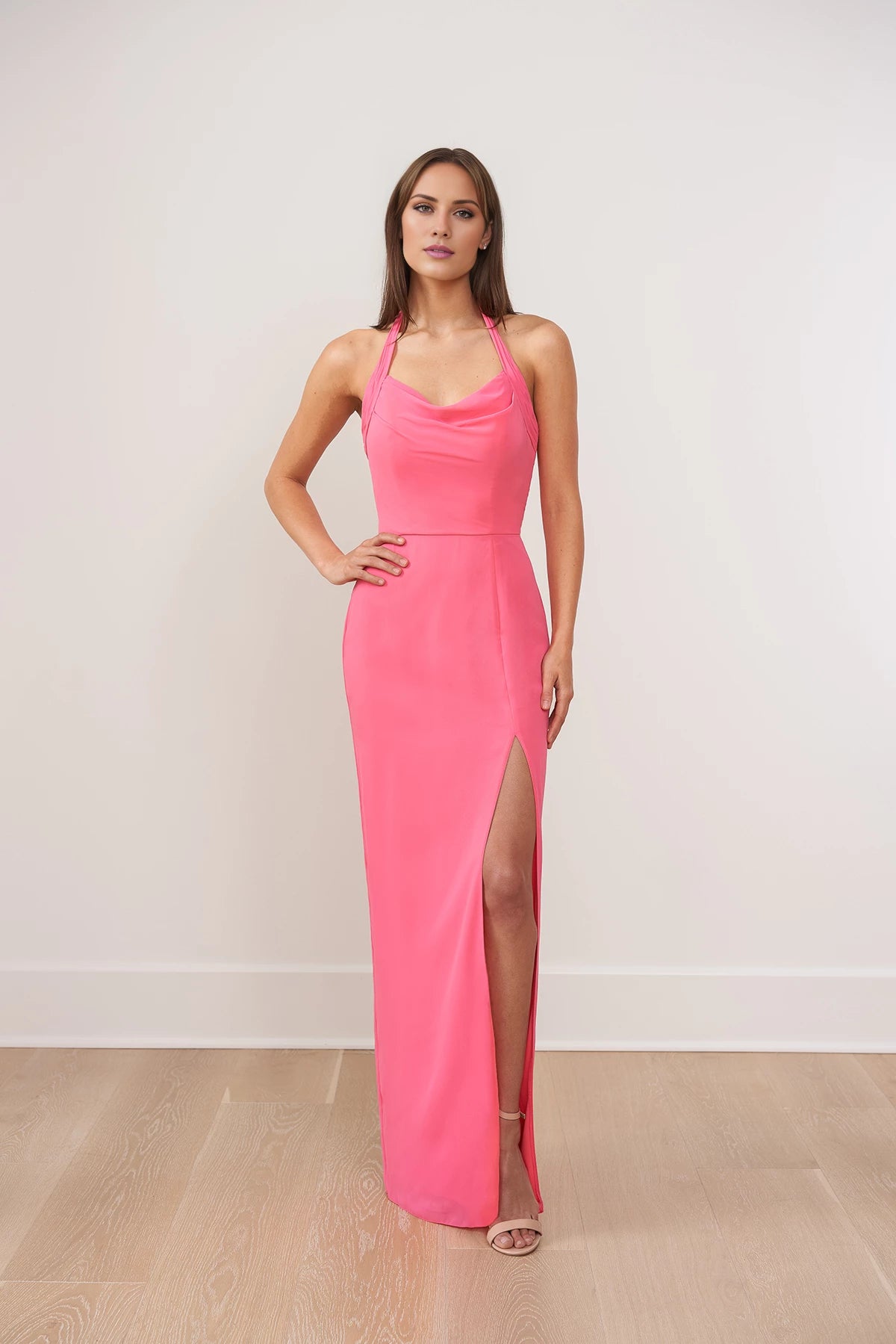Fabulous Poly Chiffon Sheath Gown with Draped Cowl Halter Neckline Bridesmaid Dresses