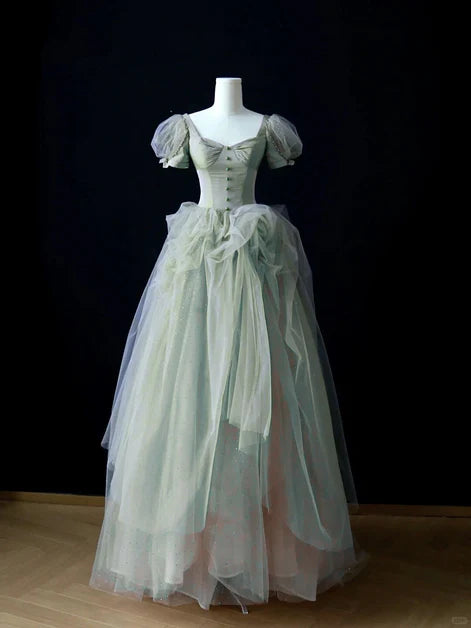 Fairy-Tale Ballgown Square-Neck Glitter-Tulle Puff-Sleeve Lace-Up Back Floor-Length Evening Dresses