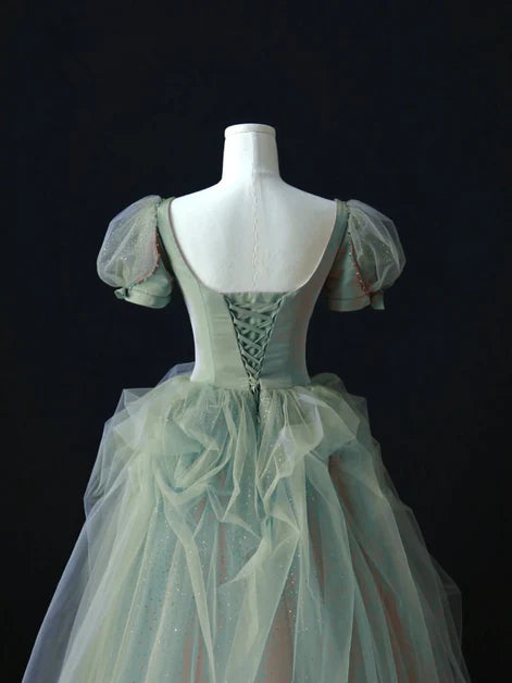 Fairy-Tale Ballgown Square-Neck Glitter-Tulle Puff-Sleeve Lace-Up Back Floor-Length Evening Dresses
