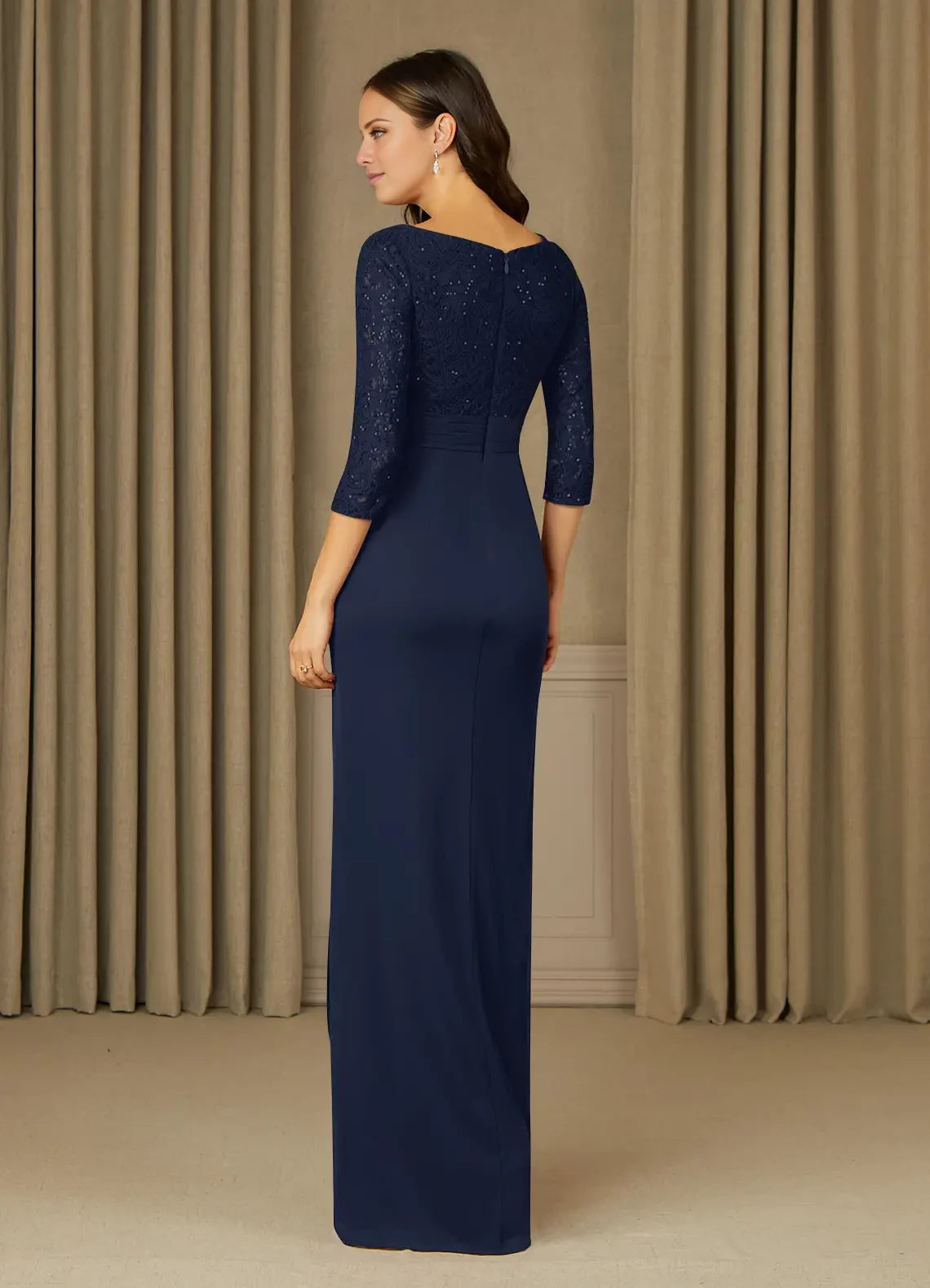 Fashion Scoop Neck 3/4 Sleeve Back Zip Floor-Length Side Slit Mother of the Bride Dress