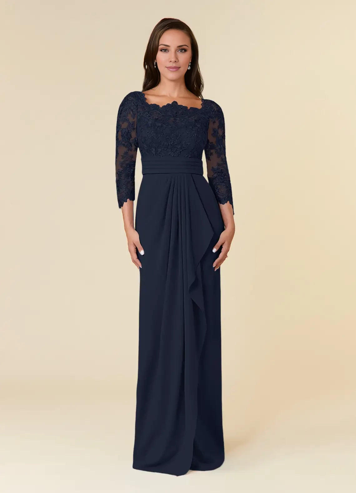 Fashion Square Neck Long Sleeve Back Zip Floor-Length Mother of the Bride Dress