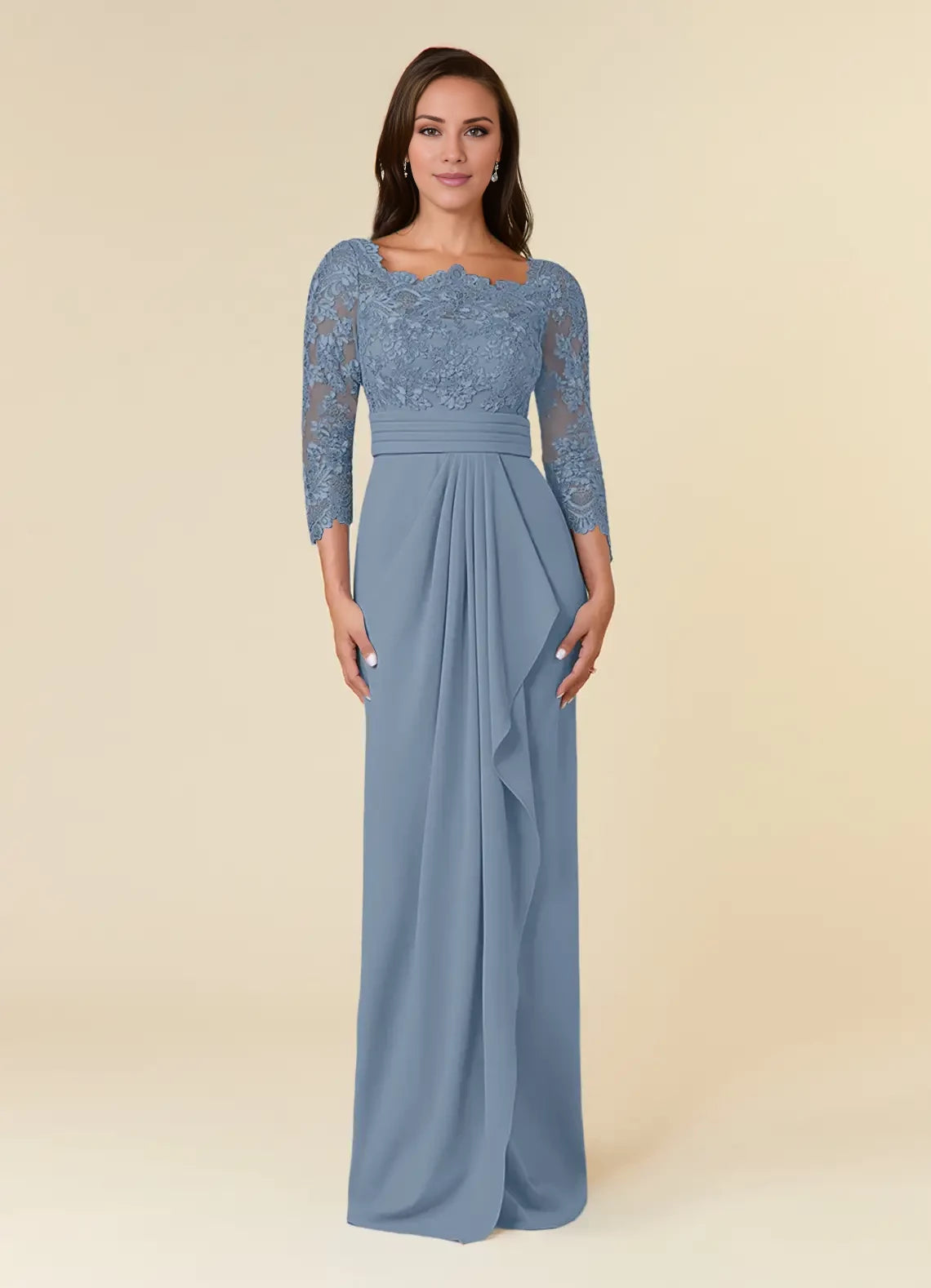 Fashion Square Neck Long Sleeve Back Zip Floor-Length Mother of the Bride Dress