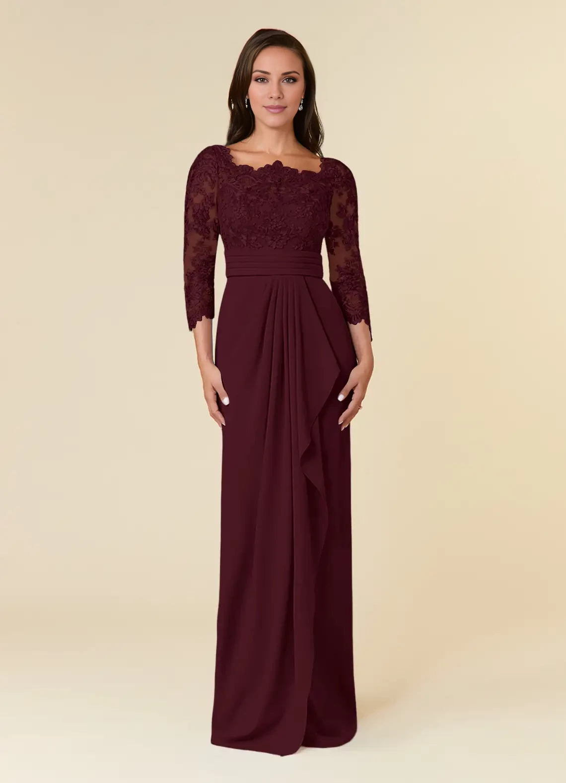 Fashion Square Neck Long Sleeve Back Zip Floor-Length Mother of the Bride Dress