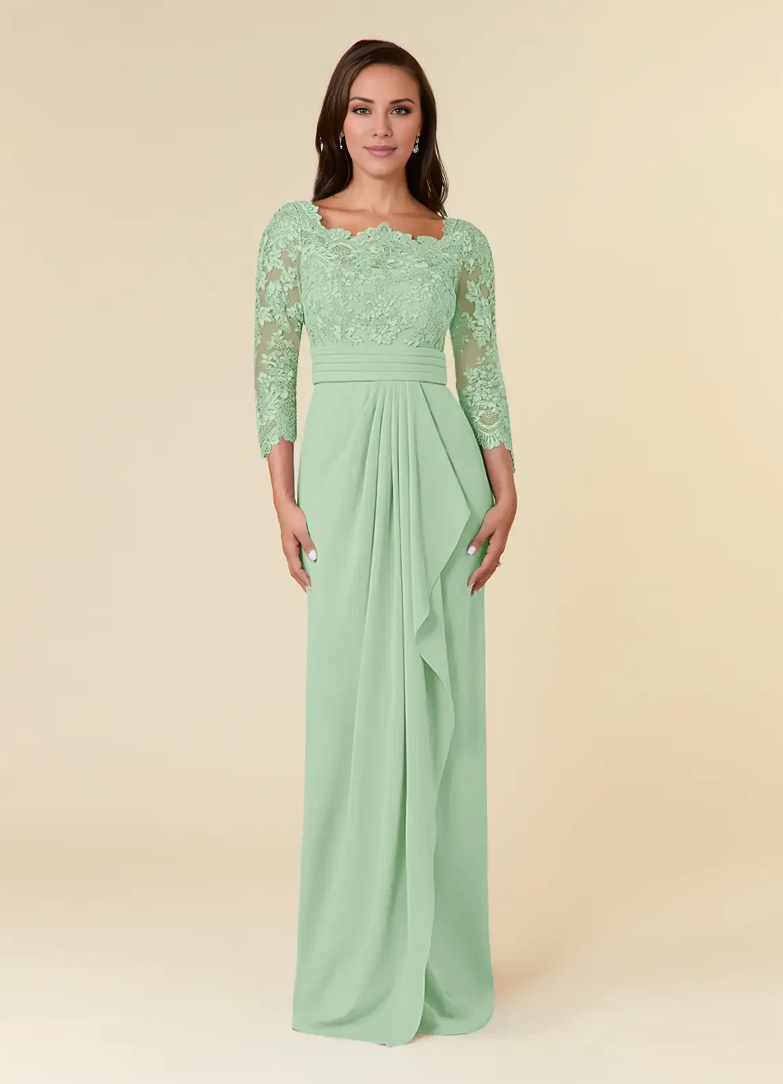 Fashion Square Neck Long Sleeve Back Zip Floor-Length Mother of the Bride Dress