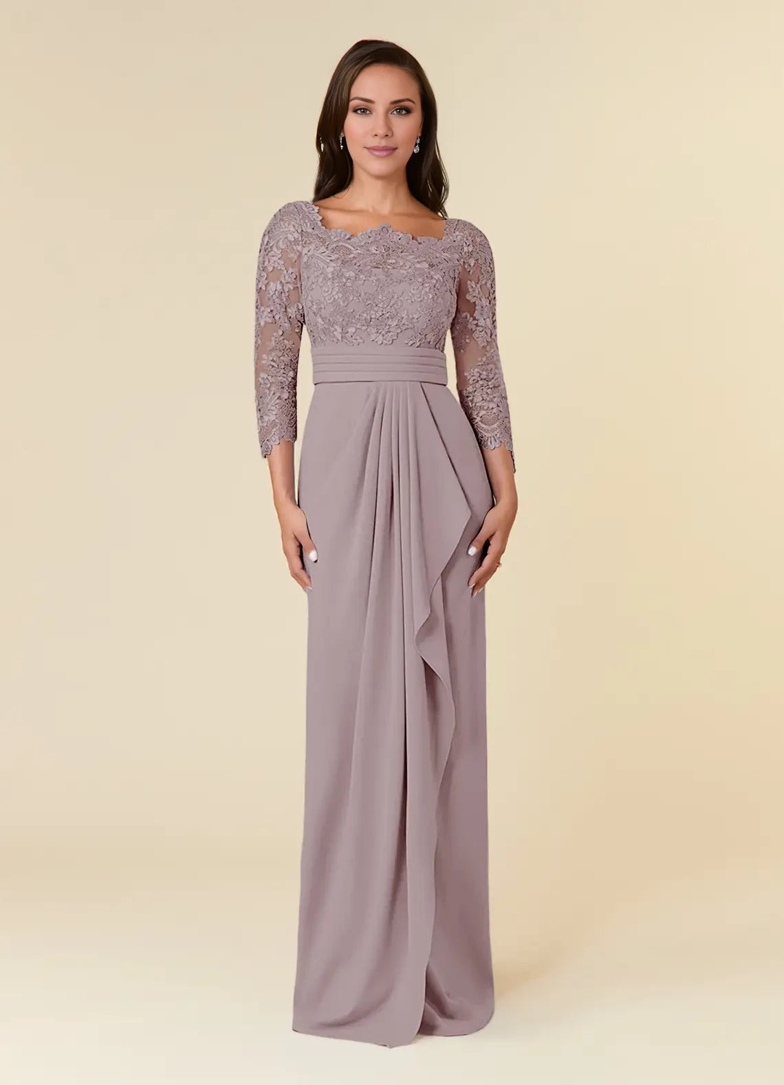 Fashion Square Neck Long Sleeve Back Zip Floor-Length Mother of the Bride Dress