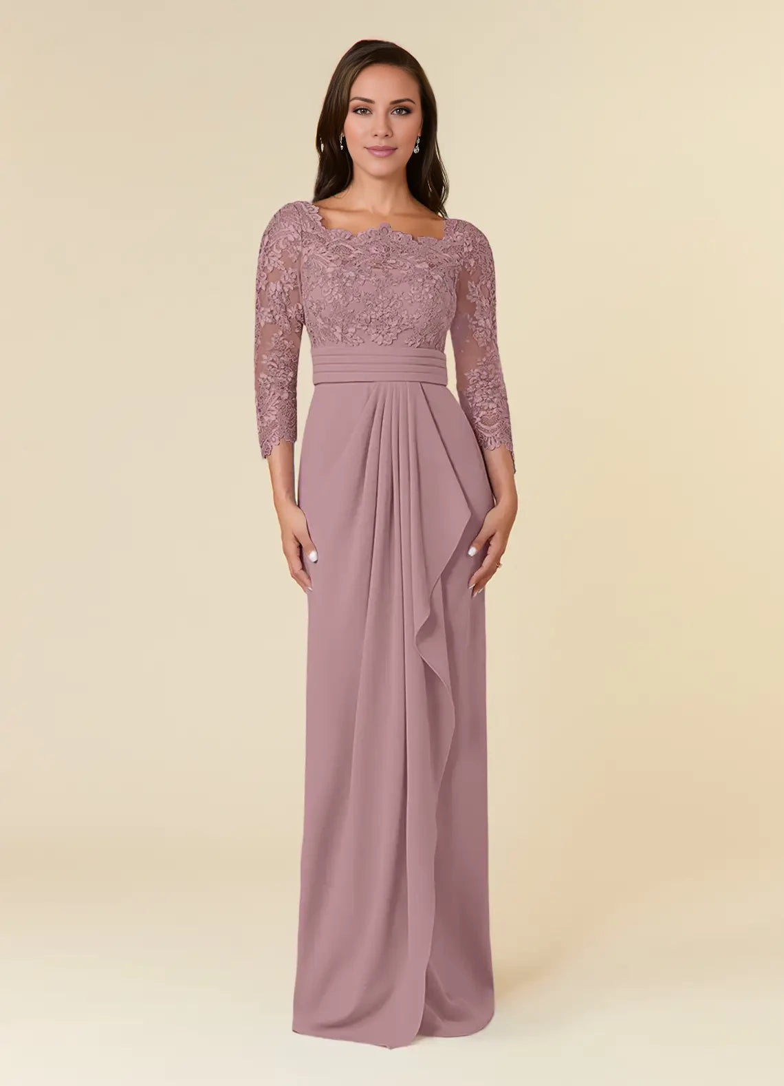 Fashion Square Neck Long Sleeve Back Zip Floor-Length Mother of the Bride Dress