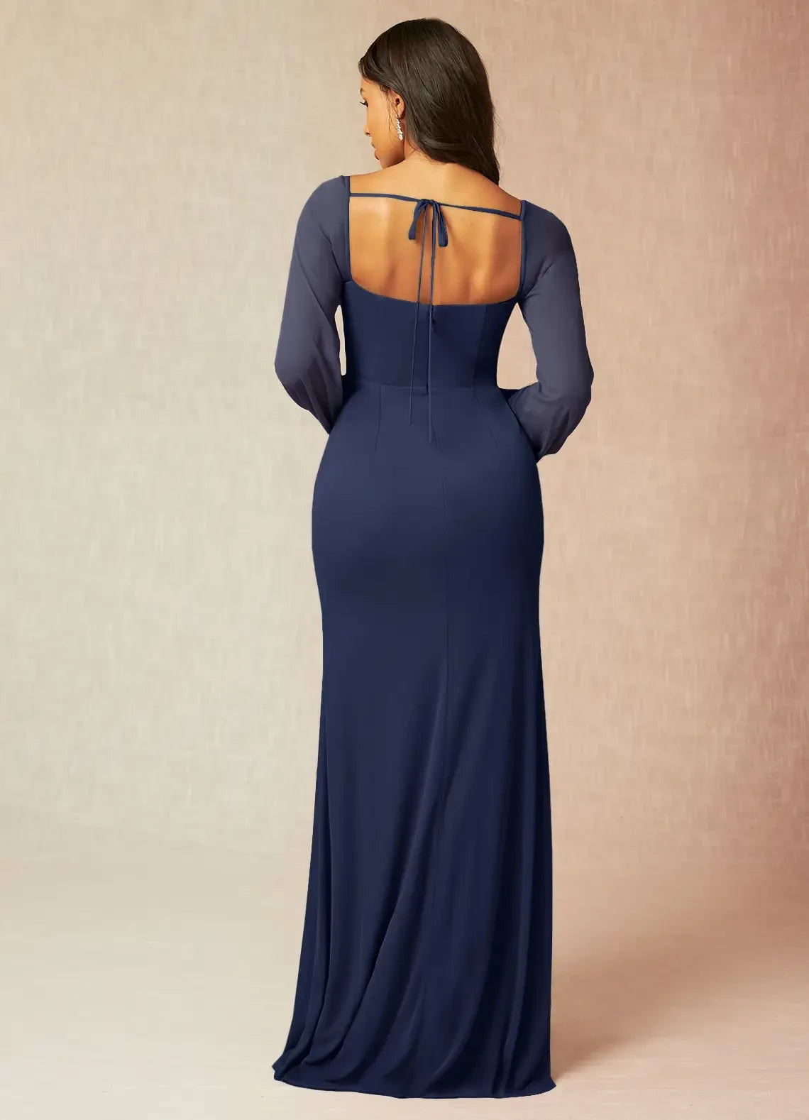 Fashion Square Neck Long Sleeve Lace Up Back Floor-Length Side Slit evening dress