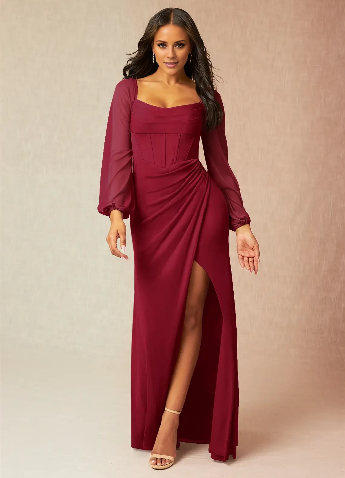 Fashion Square Neck Long Sleeve Lace Up Back Floor-Length Side Slit evening dress
