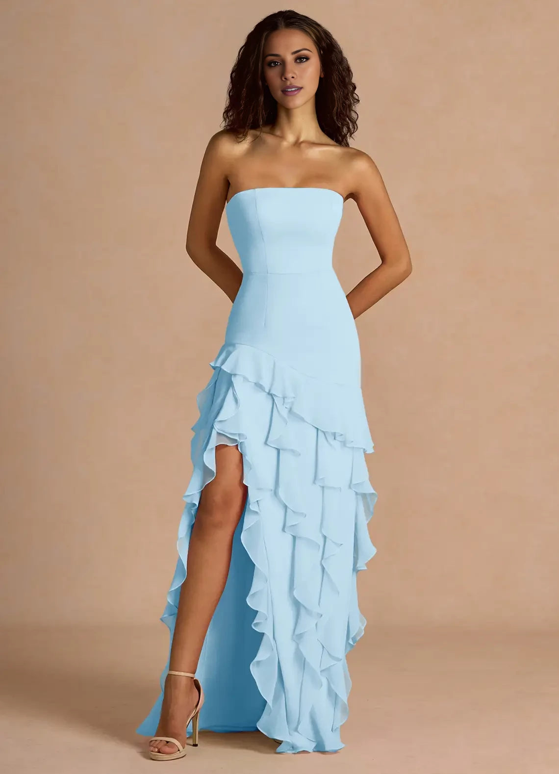 Fashion Strapless  Backless Floor-Length Side Slit flounce evening dress