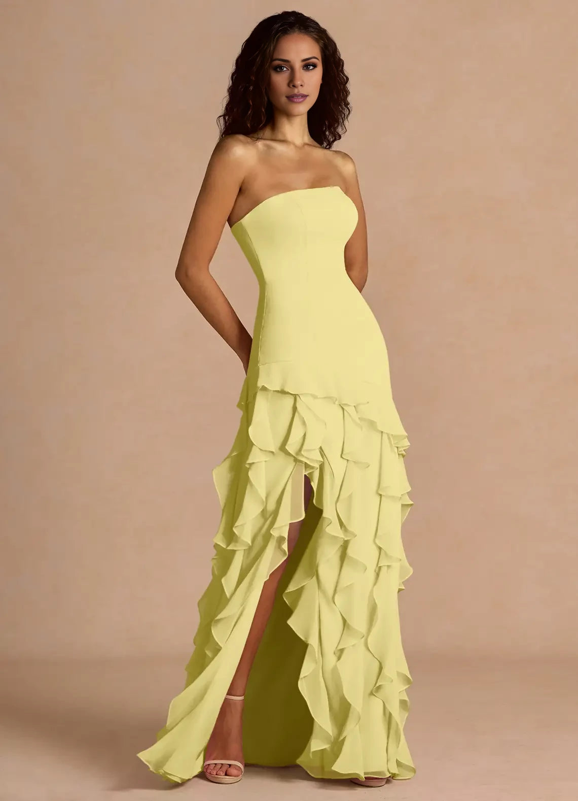 Fashion Strapless  Backless Floor-Length Side Slit flounce evening dress