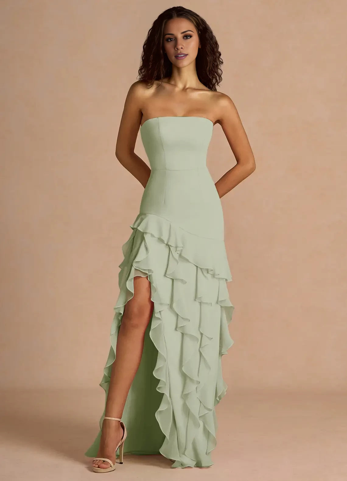 Fashion Strapless  Backless Floor-Length Side Slit flounce evening dress