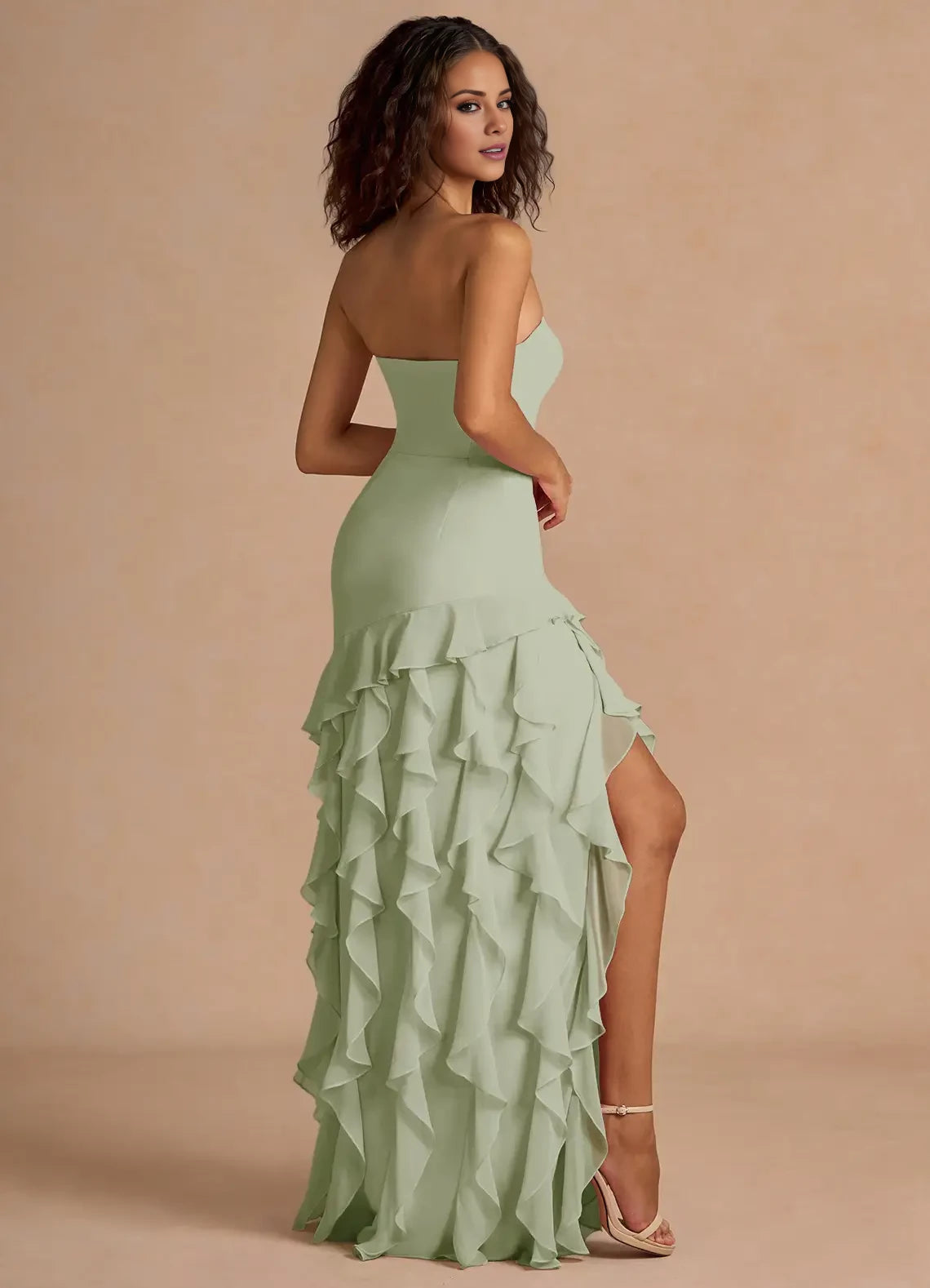 Fashion Strapless  Backless Floor-Length Side Slit flounce evening dress