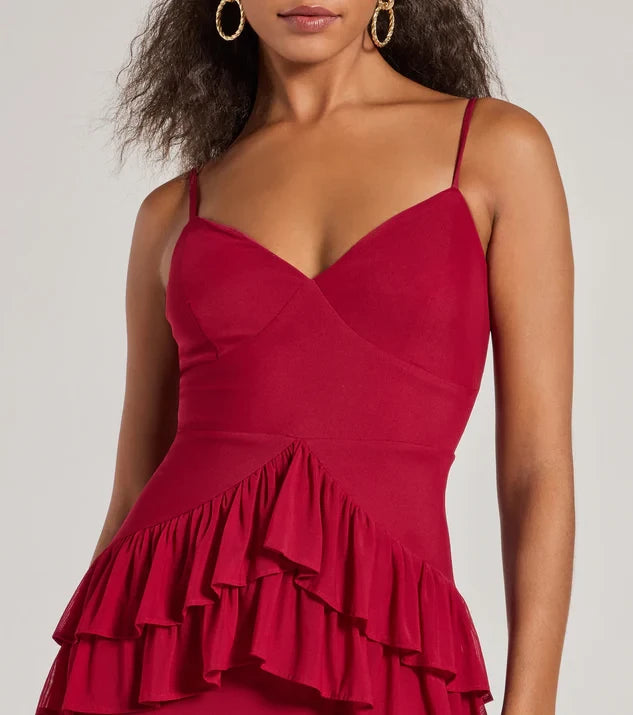 Fashion V Neck Spaghetti Straps Crisscross Back Floor-Length Side Slit Flounce Bridesmaid Dress