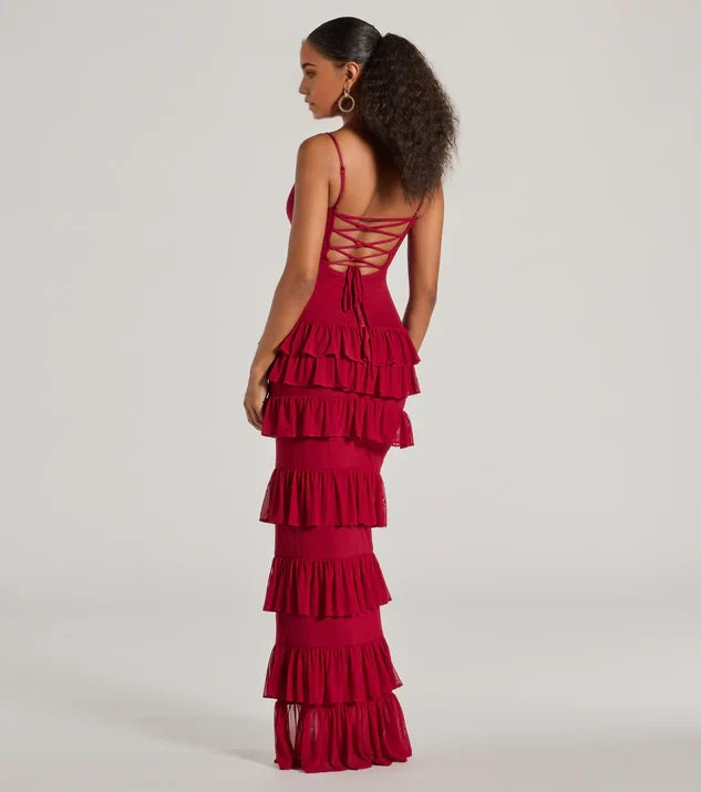 Fashion V Neck Spaghetti Straps Crisscross Back Floor-Length Side Slit Flounce Bridesmaid Dress
