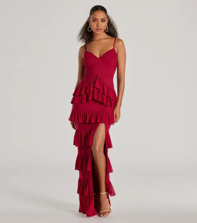 Fashion V Neck Spaghetti Straps Crisscross Back Floor-Length Side Slit Flounce Bridesmaid Dress