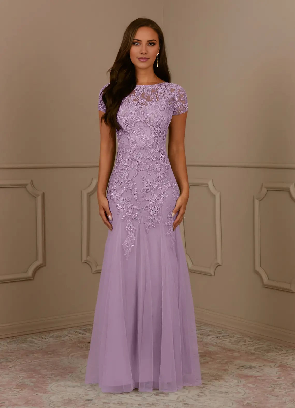 Fashionable Mermaid Scoop Neck Short Sleeve Back Zip Floor-Length Mother of the Bride Dress