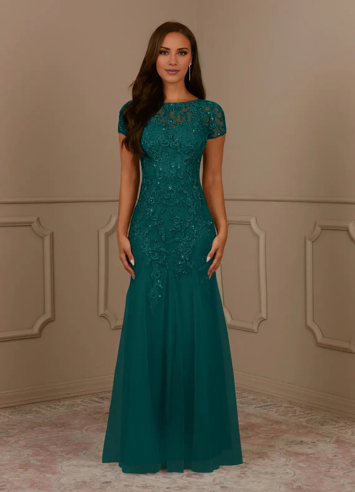 Fashionable Mermaid Scoop Neck Short Sleeve Back Zip Floor-Length Mother of the Bride Dress