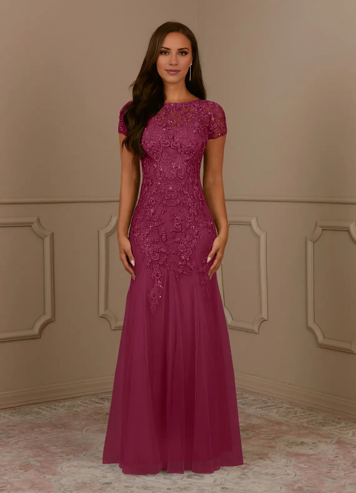 Fashionable Mermaid Scoop Neck Short Sleeve Back Zip Floor-Length Mother of the Bride Dress