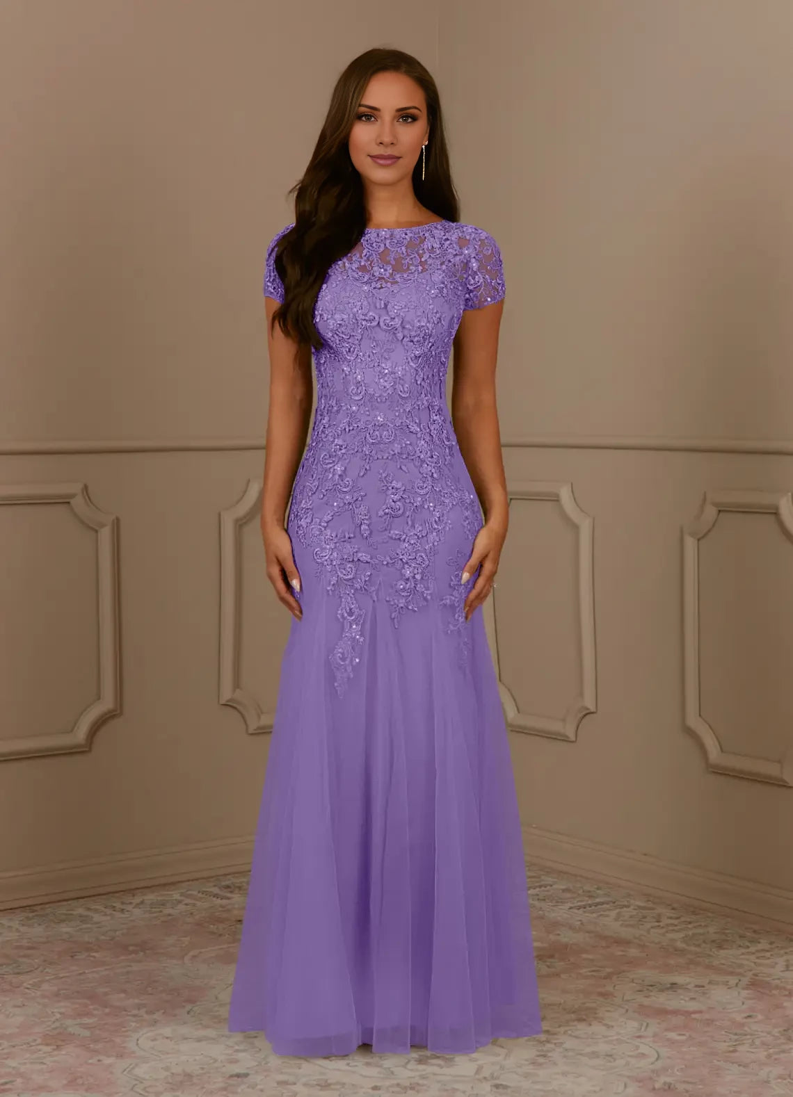 Fashionable Mermaid Scoop Neck Short Sleeve Back Zip Floor-Length Mother of the Bride Dress