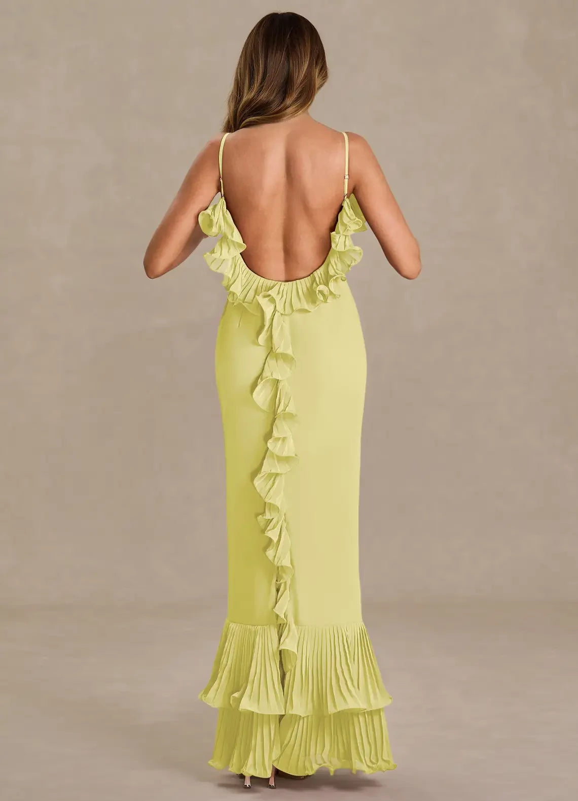 Fashionable Spaghetti Straps Open Back Asymmetrical flounce evening dress