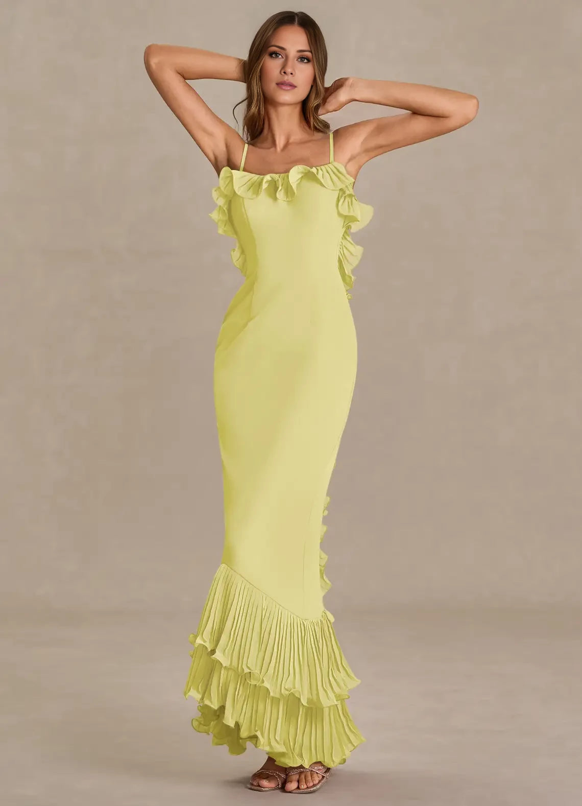 Fashionable Spaghetti Straps Open Back Asymmetrical flounce evening dress