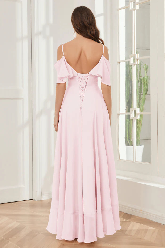 Feminine A-Line Deep V-Neck Cold-Shoulder Ruffle Lace-Up-Back Blush Chiffon High-Low Bridesmaid Dresses