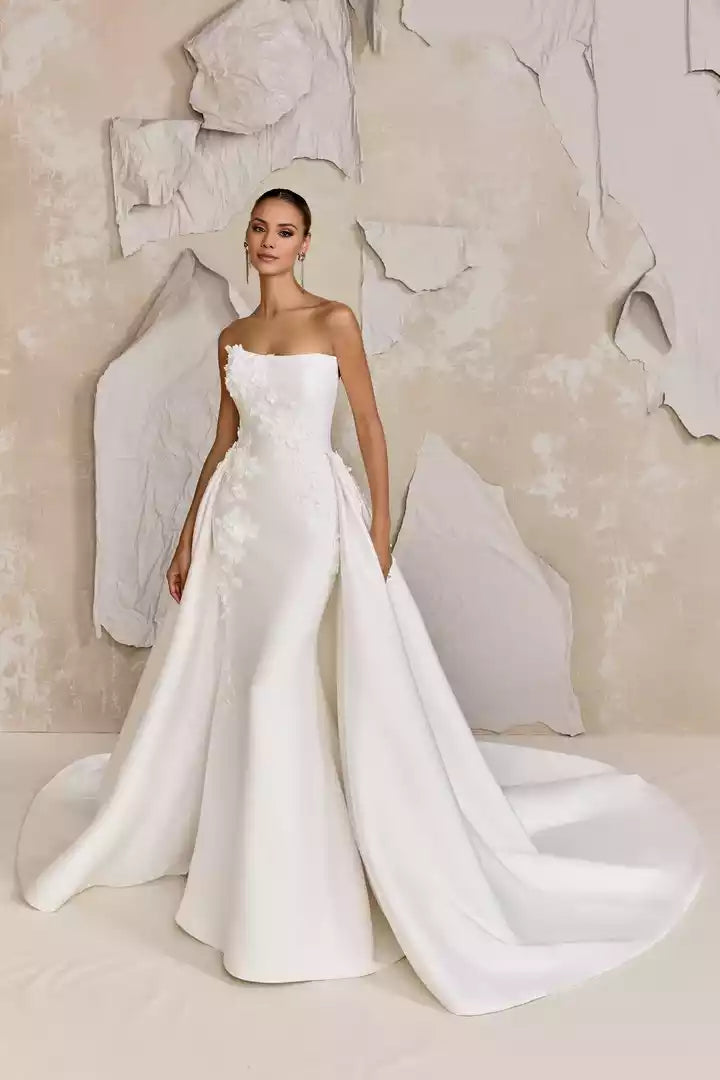 Fit Gown Adorned with Lace Embroidery and Appliqués Wedding Dress With Attached Train