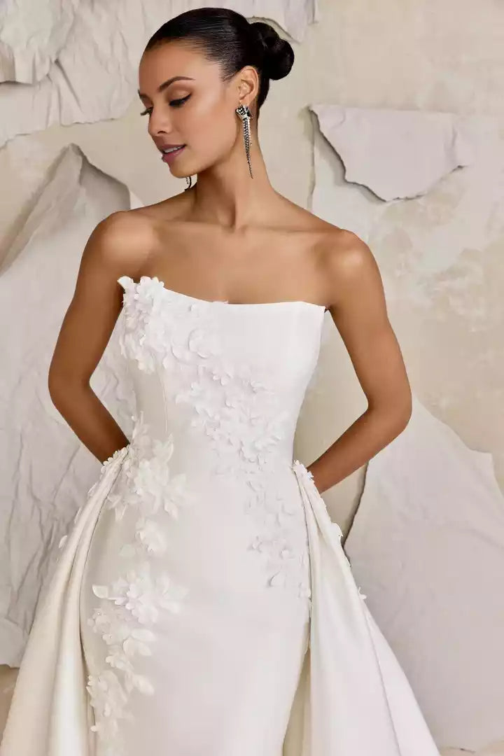 Fit Gown Adorned with Lace Embroidery and Appliqués Wedding Dress With Attached Train