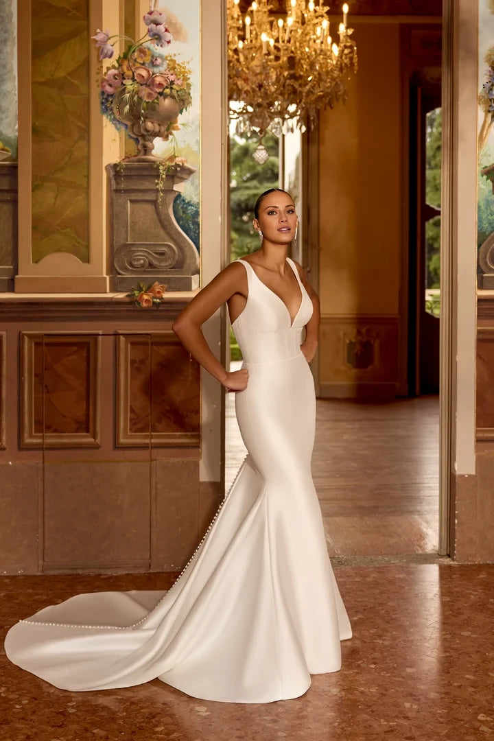 Fit and Flare Gown with Deep V-Neckline Wedding Dresses