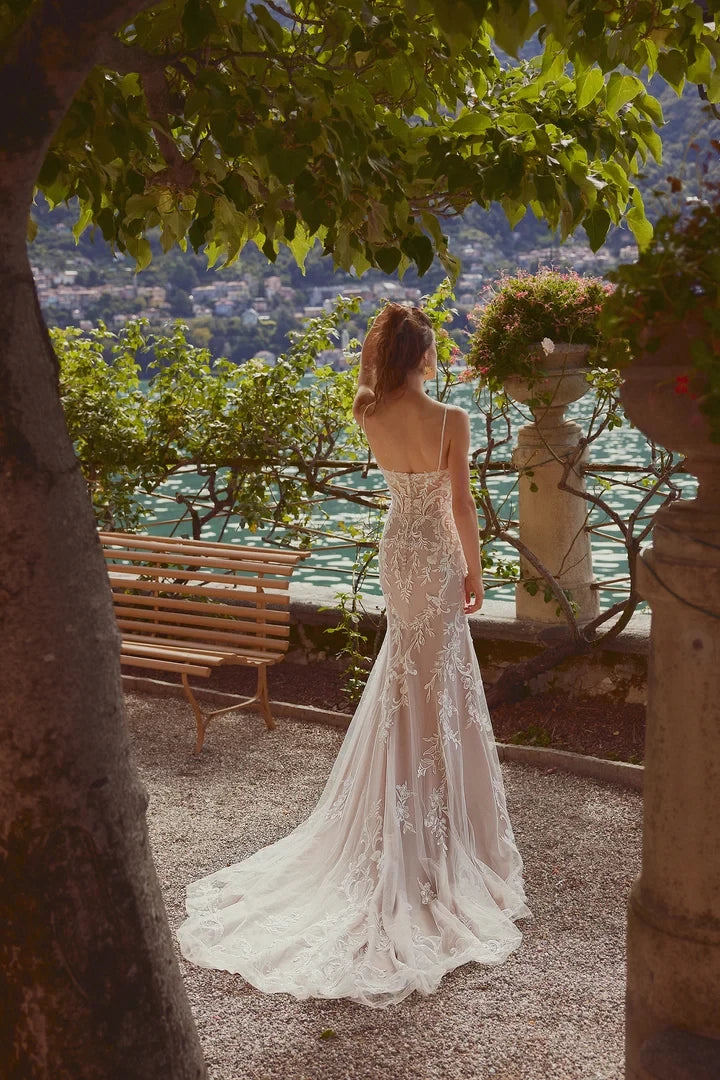 Fit and Flare Gown with Plunging Bikini Neckline with Lace Appliqués Wedding Dresses