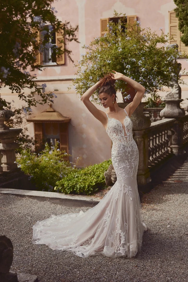 Fit and Flare Gown with Plunging Bikini Neckline with Lace Appliqués Wedding Dresses