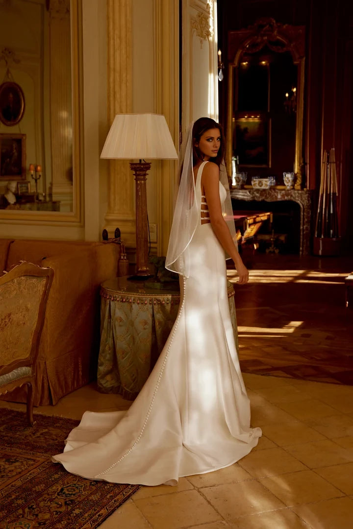 Fit and Flare Gown with Side Cutouts Featuring Dainty Bows Wedding Dresses