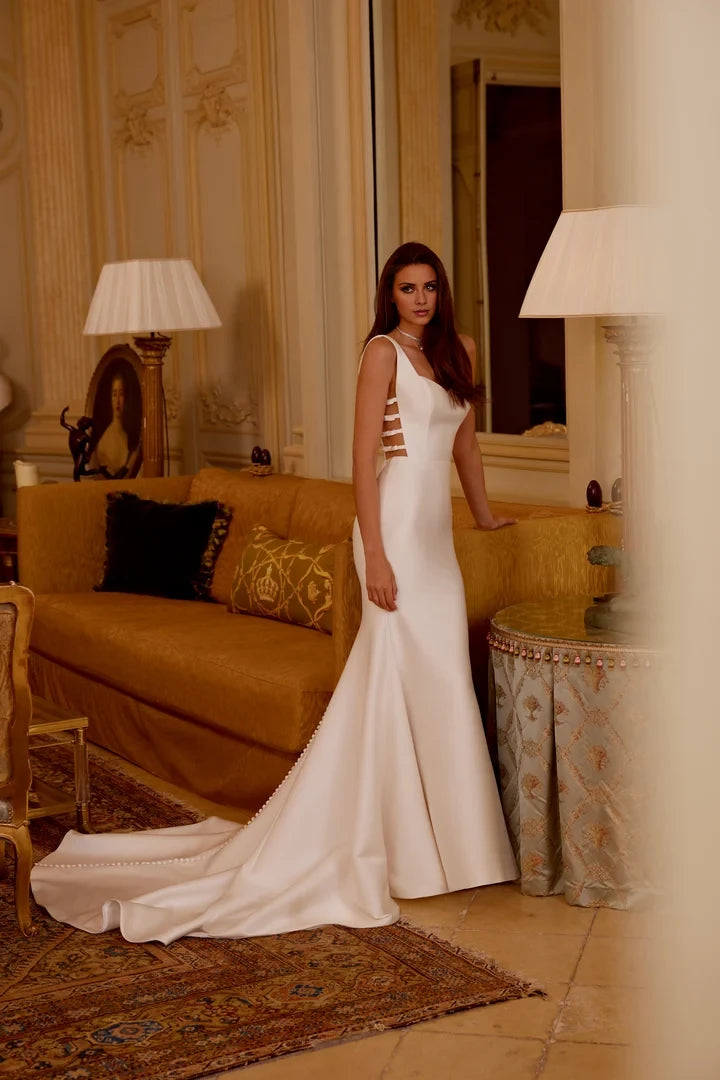 Fit and Flare Gown with Side Cutouts Featuring Dainty Bows Wedding Dresses