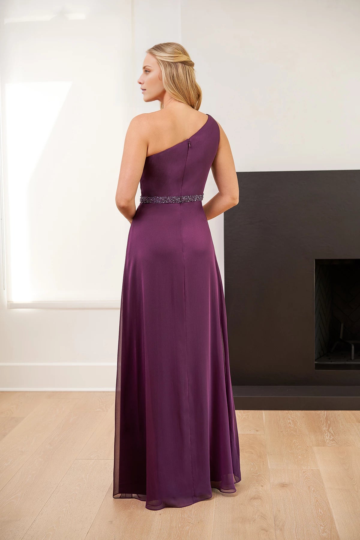 Fit and Flare Gown with Soft Gathered One Shoulder and Head Beaded Waistband Mother of the Bride Dresses