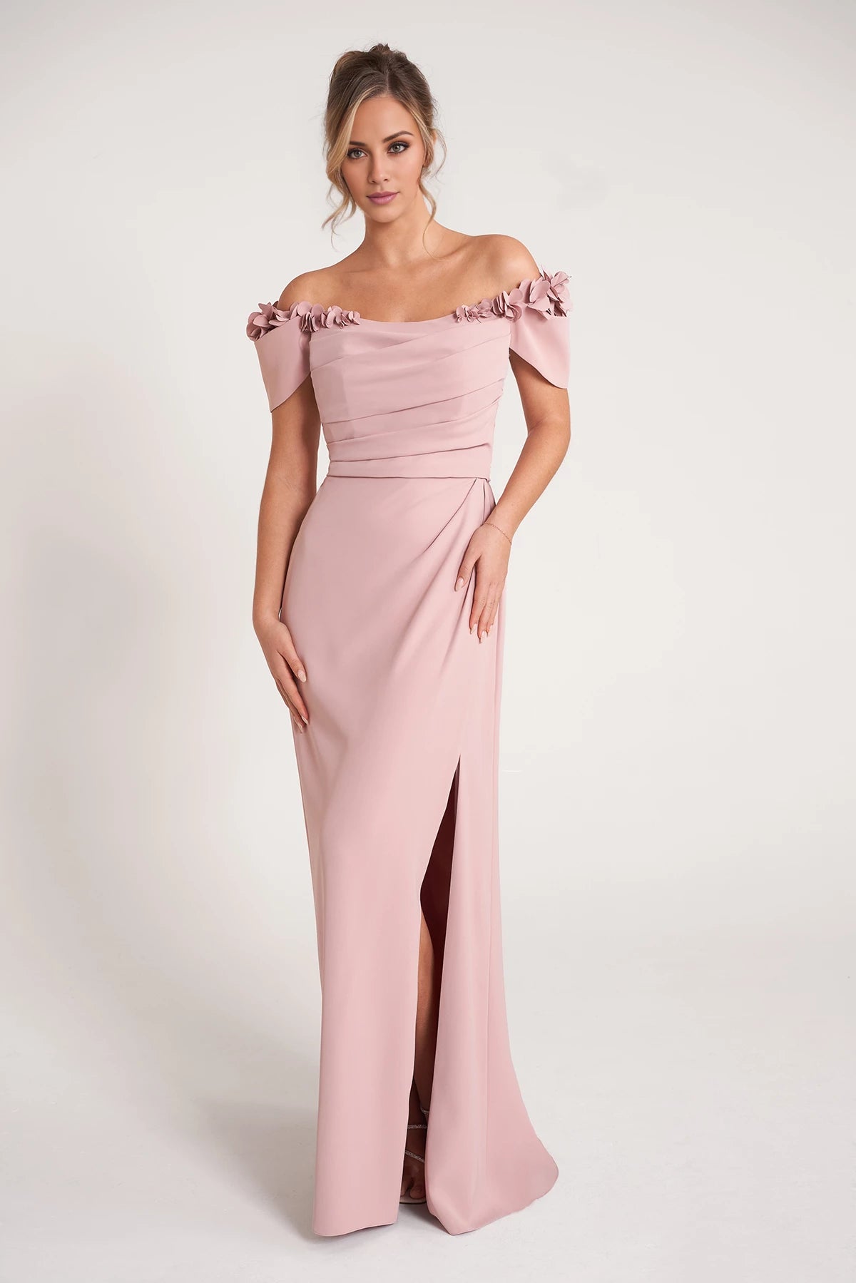 Fit and Flare Gown with Softly Gathered Bodice and 3D Shoulder Flowers Mother of the Bride Dresses