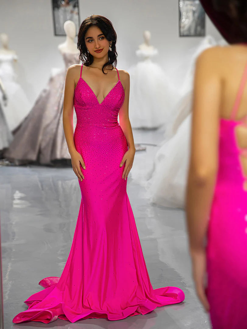 Fitted Pink Beaded Prom Dress