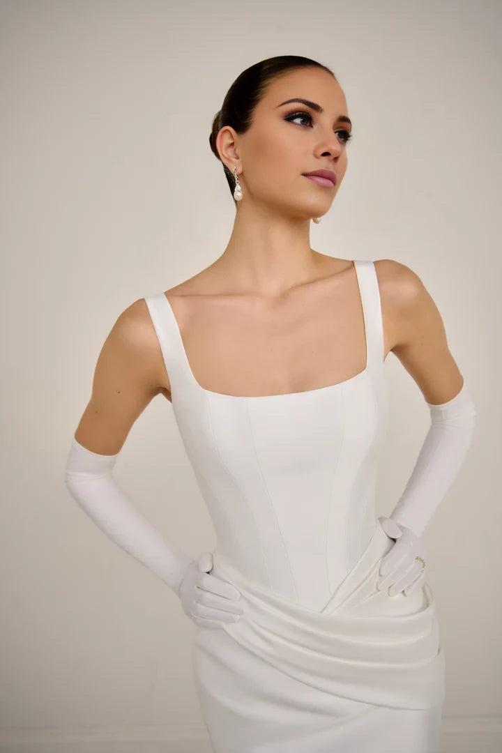 Flare Gown with Basque Waist and Asymmetrical Hip Draping Wedding Dresses