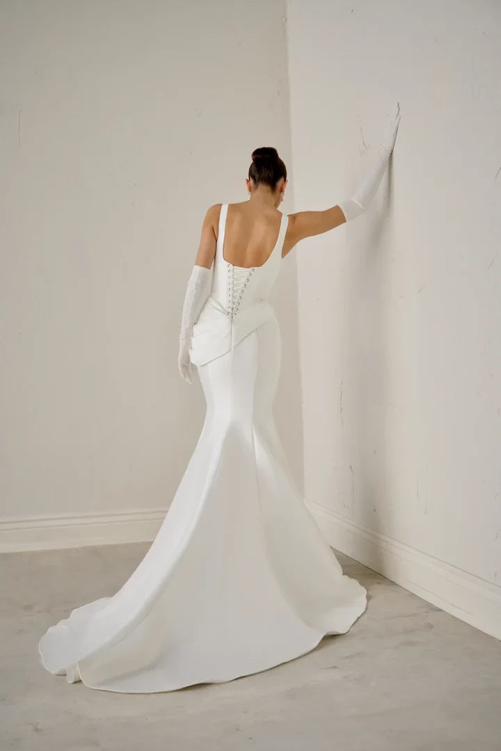 Flare Gown with Basque Waist and Asymmetrical Hip Draping Wedding Dresses
