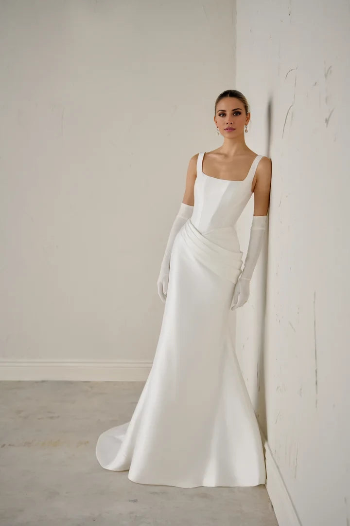 Flare Gown with Basque Waist and Asymmetrical Hip Draping Wedding Dresses