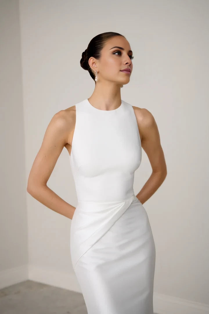 Flare Gown with High Jewel Neckline and Keyhole Back Wedding Dresses