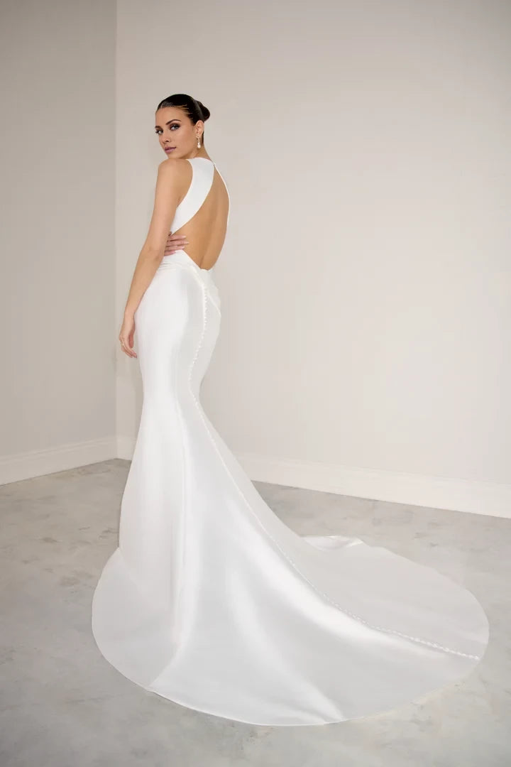 Flare Gown with High Jewel Neckline and Keyhole Back Wedding Dresses