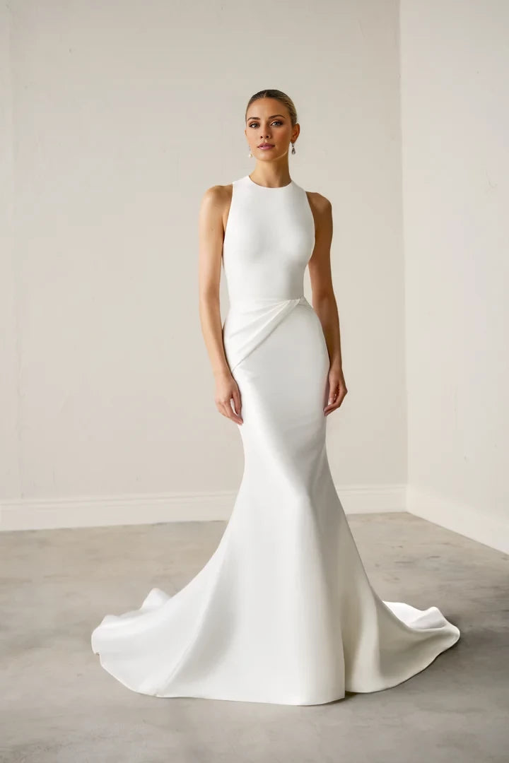 Flare Gown with High Jewel Neckline and Keyhole Back Wedding Dresses