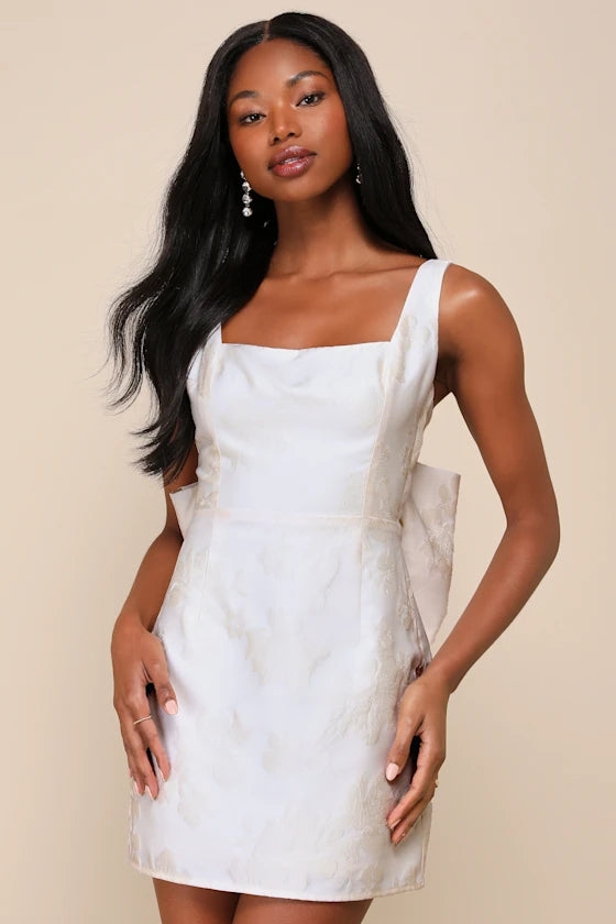 Flirtatious Poise Jacquard Bow Back Mini Dress Homecoming Dresses