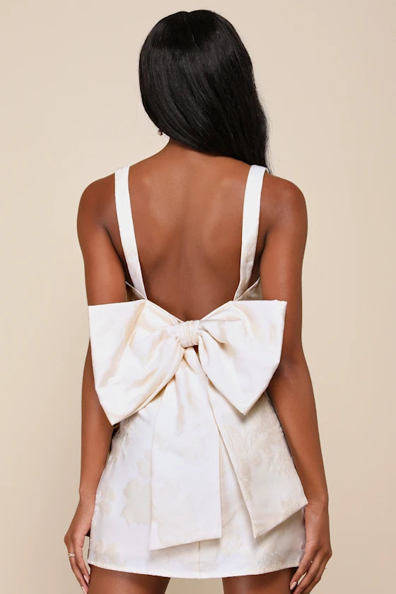 Flirtatious Poise Jacquard Bow Back Mini Dress Homecoming Dresses
