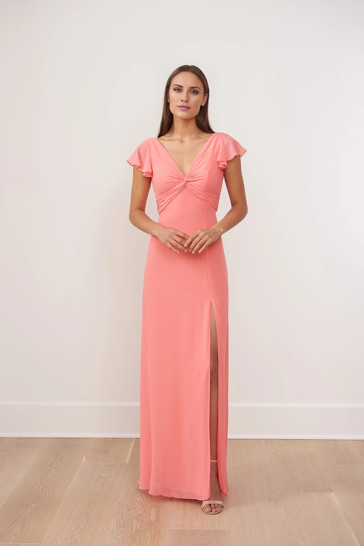 Flirtatious Poly Chiffon A-line Gown with Twist Knot V-Neckline and Darling Flutter Sleeves Bridesmaid Dresses