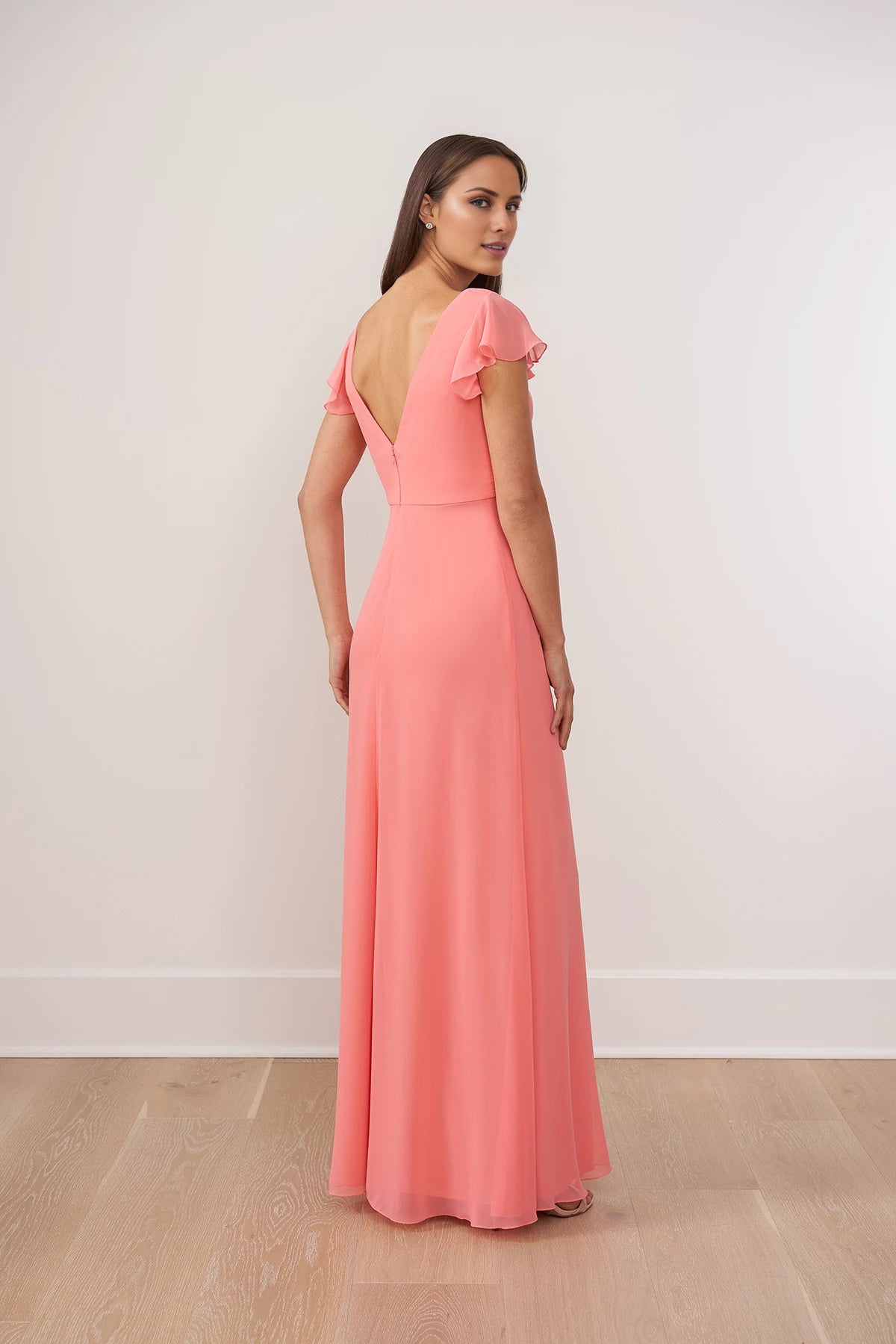 Flirtatious Poly Chiffon A-line Gown with Twist Knot V-Neckline and Darling Flutter Sleeves Bridesmaid Dresses