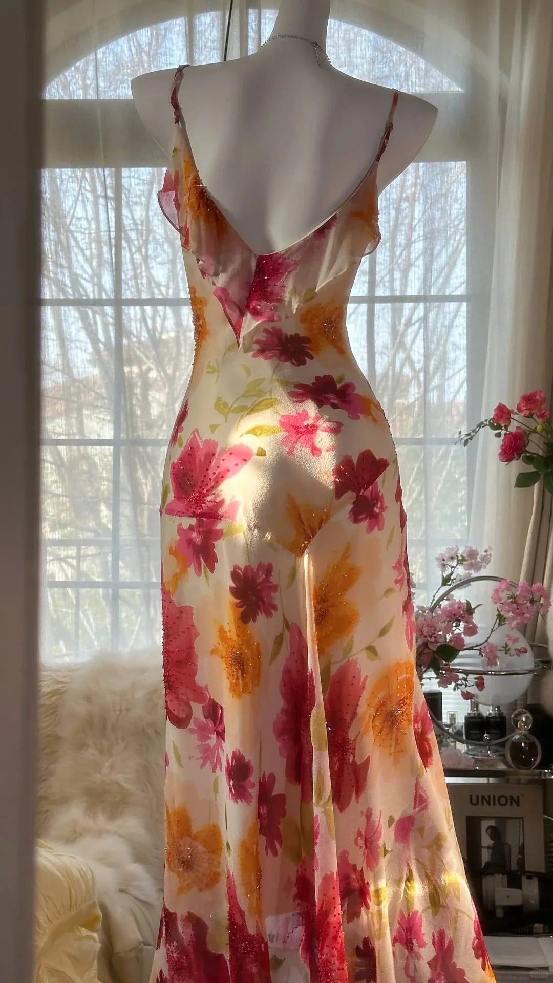Floral Beaded Maxi Dress – Spaghetti Strap V-Back Chiffon Formal Gown with Slit
