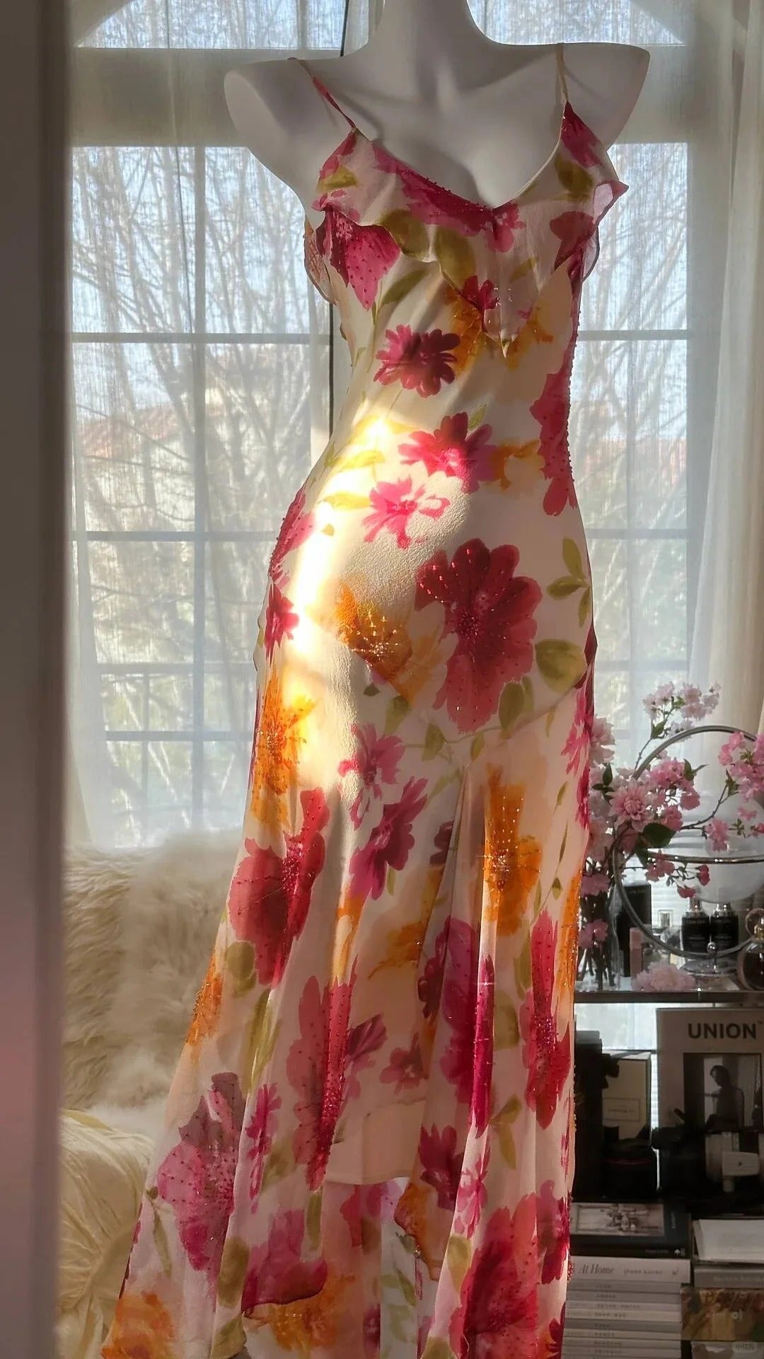 Floral Beaded Maxi Dress – Spaghetti Strap V-Back Chiffon Formal Gown with Slit